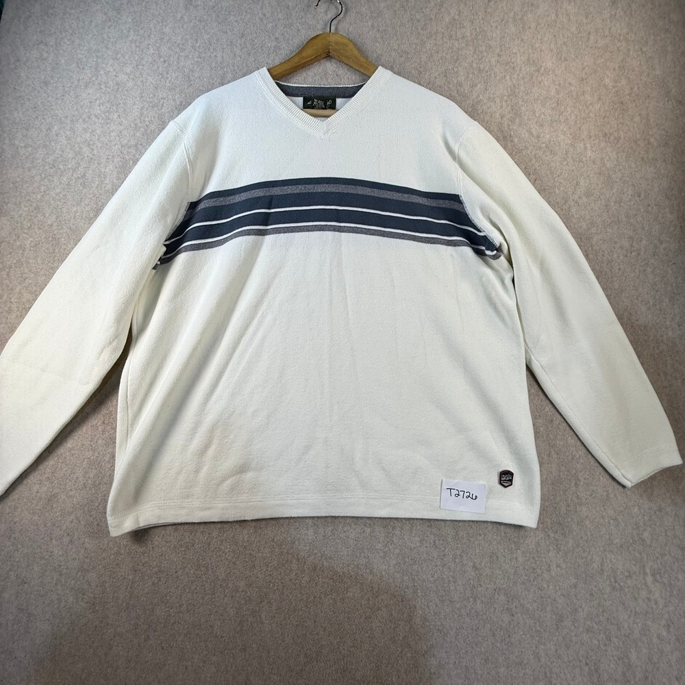 Eddie Bauer Mens V-Neck Sweater Large Cream Cotton Striped Long Sleeve Pullover
